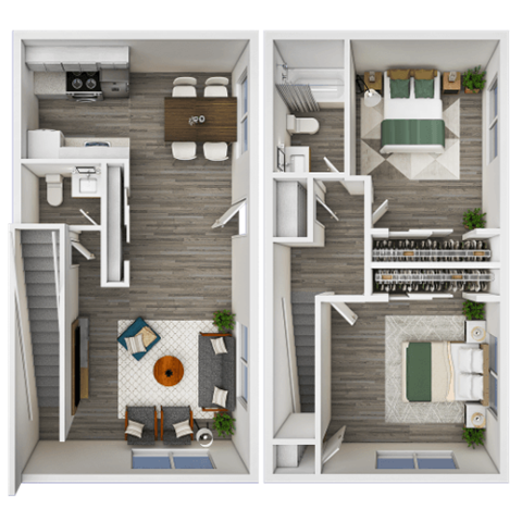 3D Floor plan of 2 bedroom 1 and a half townhome